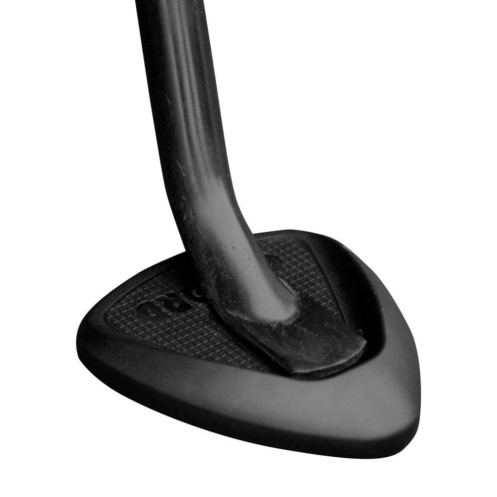 Black triangular sidestand pad with a textured surface and a sturdy base, designed to provide stability for motorcycles on various terrains.