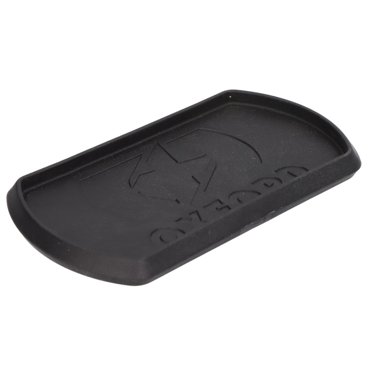 Black rubber sidestand pad with a rectangular shape, featuring the embossed "OXFORD" logo and a raised edge for stability on various surfaces.