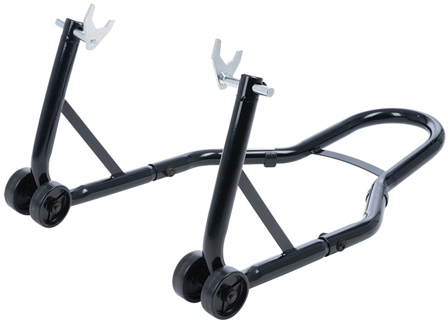 Black metal Oxford Rear Paddock Stand with sturdy frame, adjustable arms, and smooth-rolling wheels for easy maneuverability and stability when servicing motorcycles.