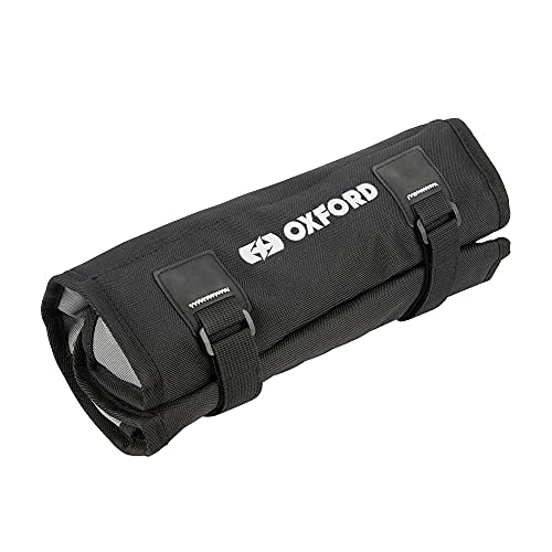 Black Oxford Products OL259 Toolstash, made of durable material, features a roll-up design with secure straps and the Oxford logo prominently displayed.