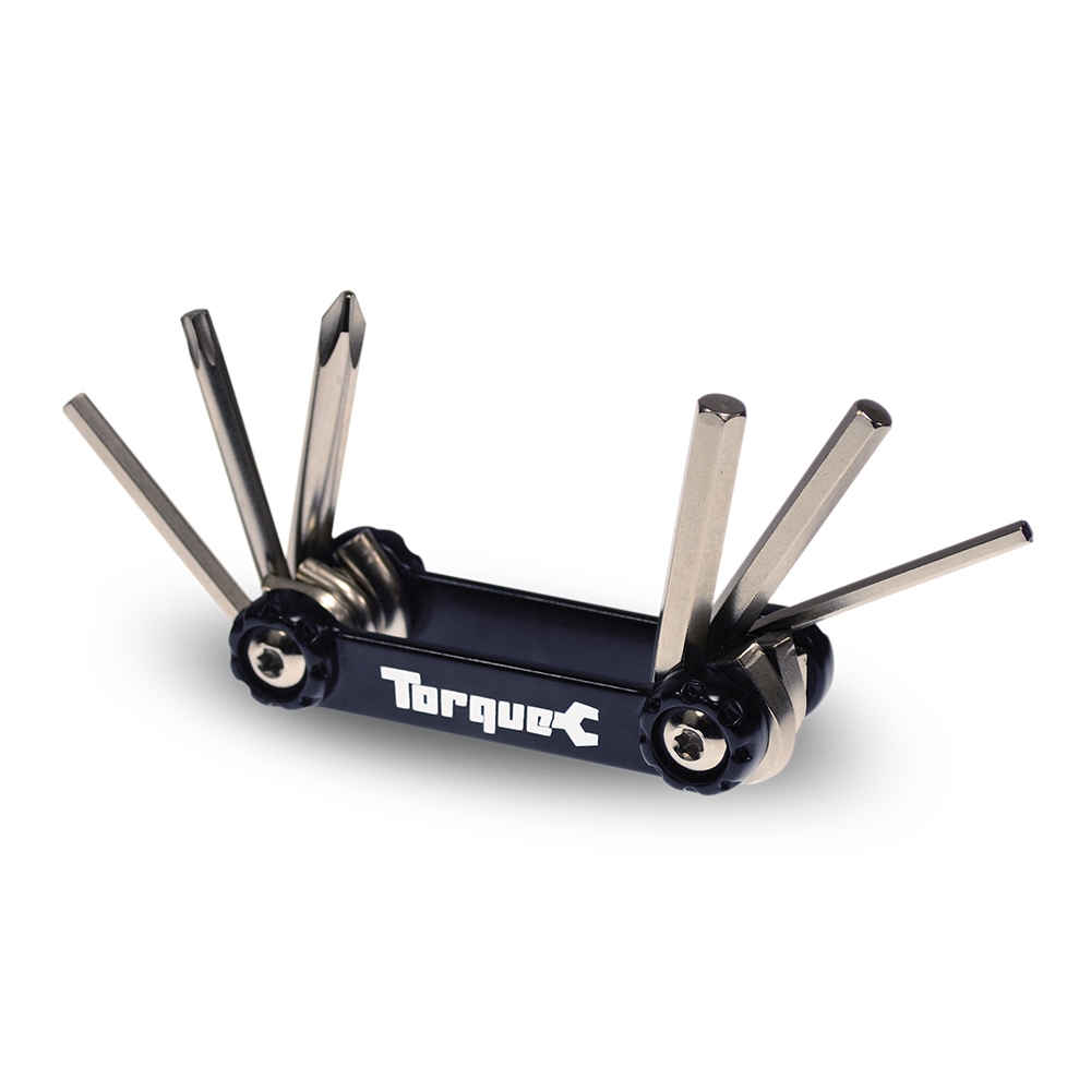 Compact black multi-tool with six stainless steel tools, featuring a sturdy design and the "TorqueC" logo prominently displayed on the handle.