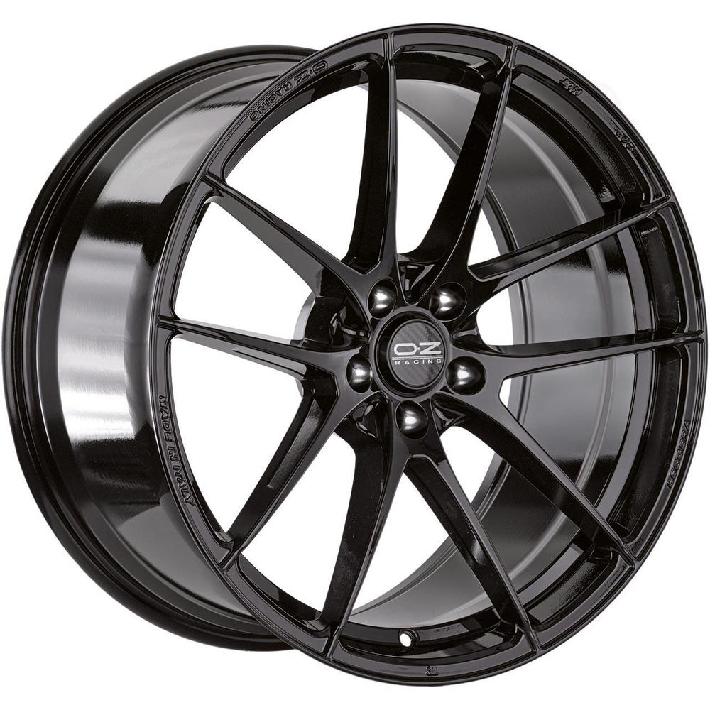 Gloss black OZ Racing I-TECH Leggera HLT alloy wheel featuring a sleek design, 19x8.5 inch size, ET53 offset, 5x130 PCD, and a 71.56mm centre bore, sold as a set of four.