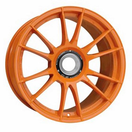 OZ Racing I-TECH Ultraleggera HLT CL alloy wheel in vibrant orange, featuring a sleek 10-spoke design, 21x12.5 inch size, ET48 offset, and 15x130 PCD, sold as a set of four.