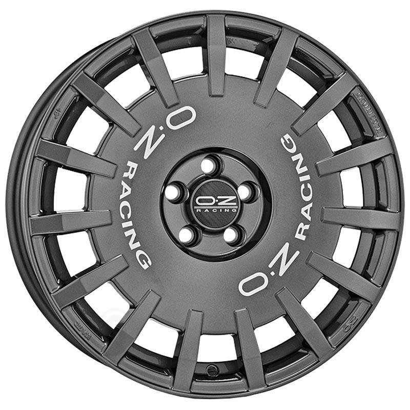 Set of four OZ Racing alloy wheels featuring a dark graphite finish with silver lettering, measuring 17x7 inches, ET30, and a 4x100 PCD design.