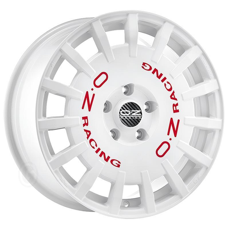 Set of four OZ Racing Rally alloy wheels in race white with red lettering, 18x8 inch size, ET45 offset, 5x114.3 PCD, featuring a sleek, sporty design.