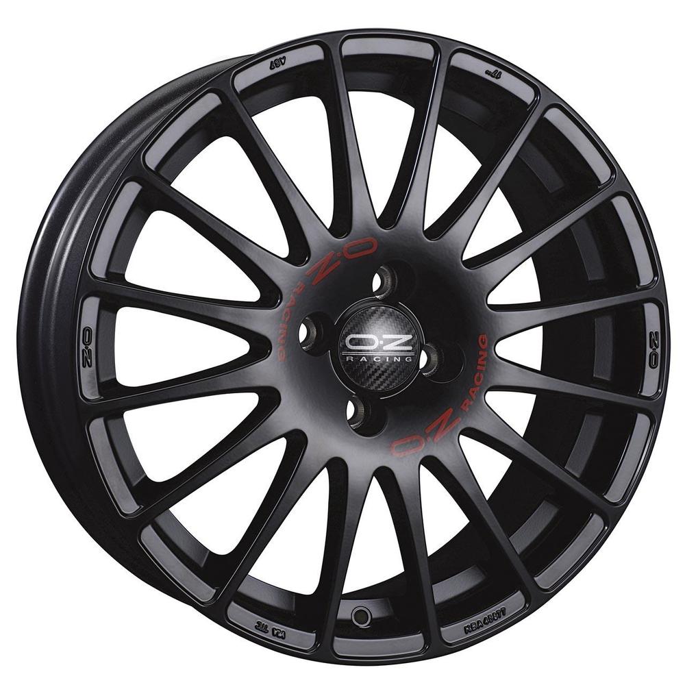 OZ Racing Superturismo GT alloy wheel in matte black with red lettering, featuring a 19x8 inch size, ET35 offset, 5x112 PCD, and 75mm centre bore.