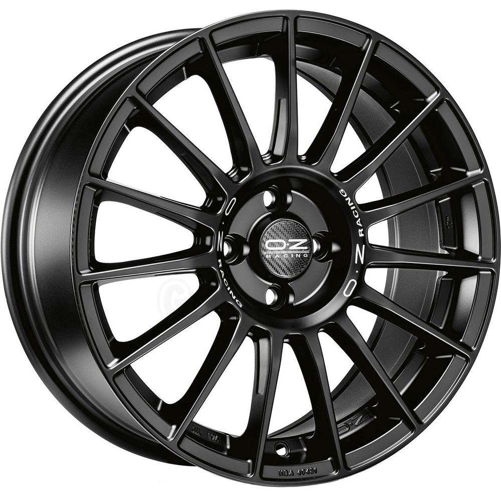 OZ Racing Superturismo LM alloy wheel in matte black with silver lettering, featuring a sleek 10-spoke design, measuring 17x7.5 inches, ET35, 4x100 PCD, and 68mm centre bore.