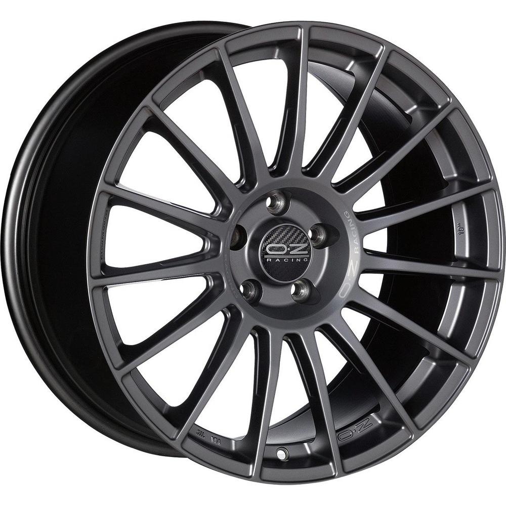 OZ Racing Superturismo LM alloy wheel in matt graphite finish, featuring silver lettering, 19x8.5 inch size, ET38 offset, 5x112 PCD, and 75mm centre bore.