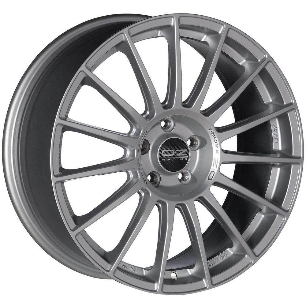 OZ Racing Superturismo LM alloy wheel in matte race silver with black lettering, featuring a 19x8.5 inch size, ET34 offset, 5x120 PCD, and 79mm centre bore.