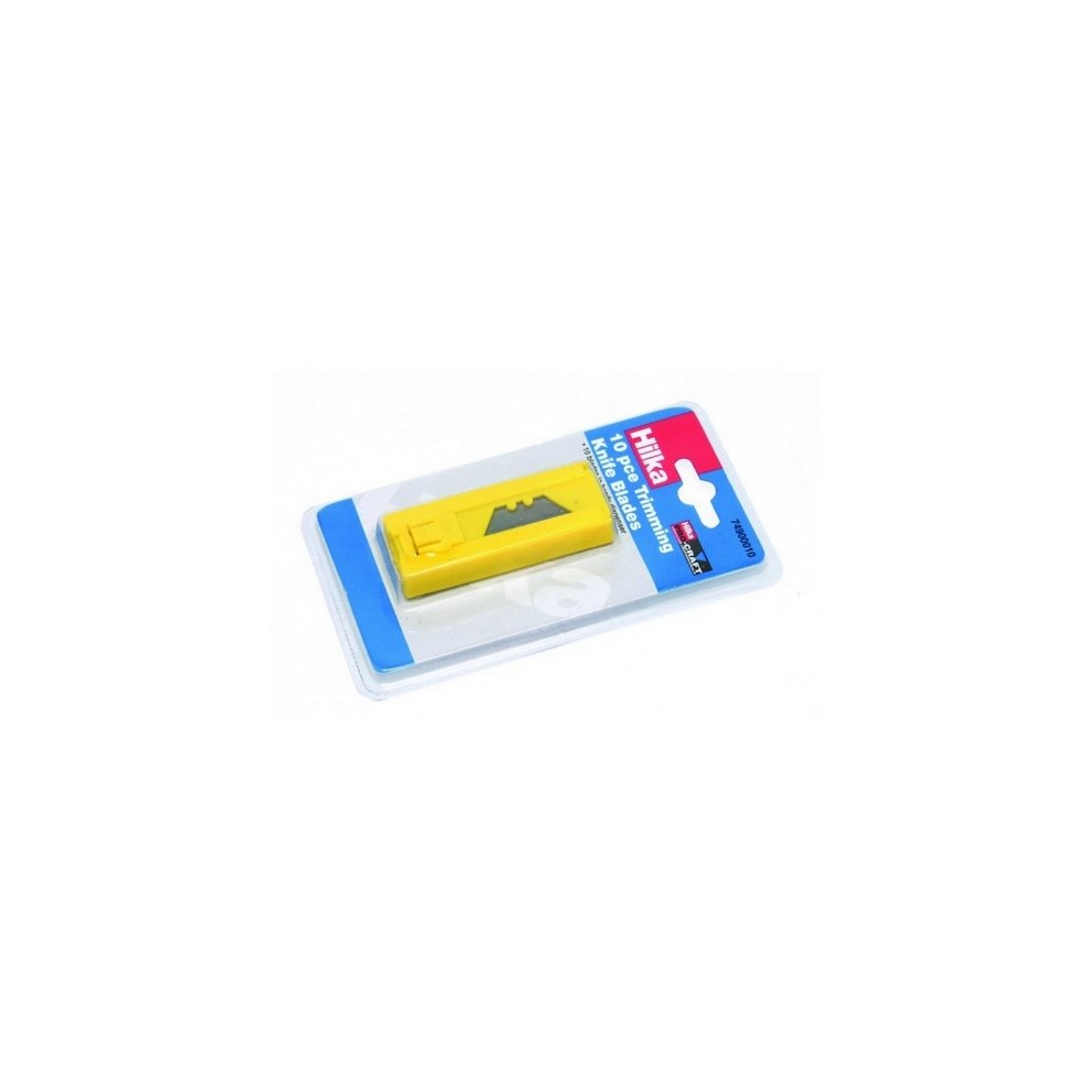 Pack of 10 heavy-duty trimming knife blades in a clear plastic packaging, featuring a bright yellow color and a triangular blade shape, labeled with the Hilka brand.