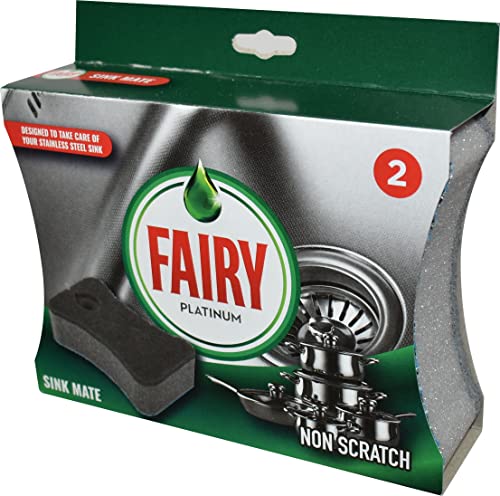 Two non-scratch sink cleaning sponges in a green and white packaging, labeled "Fairy Platinum Sink Mate," designed for stainless steel sinks.