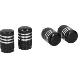 Black valve dust caps by Dunlop, featuring a textured surface and two silver stripes, designed to fit standard valve stems for enhanced protection.