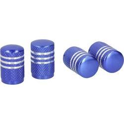 Blue aluminum valve dust caps with a textured grip and three white stripes, designed for tire valves, featuring a sleek cylindrical shape.