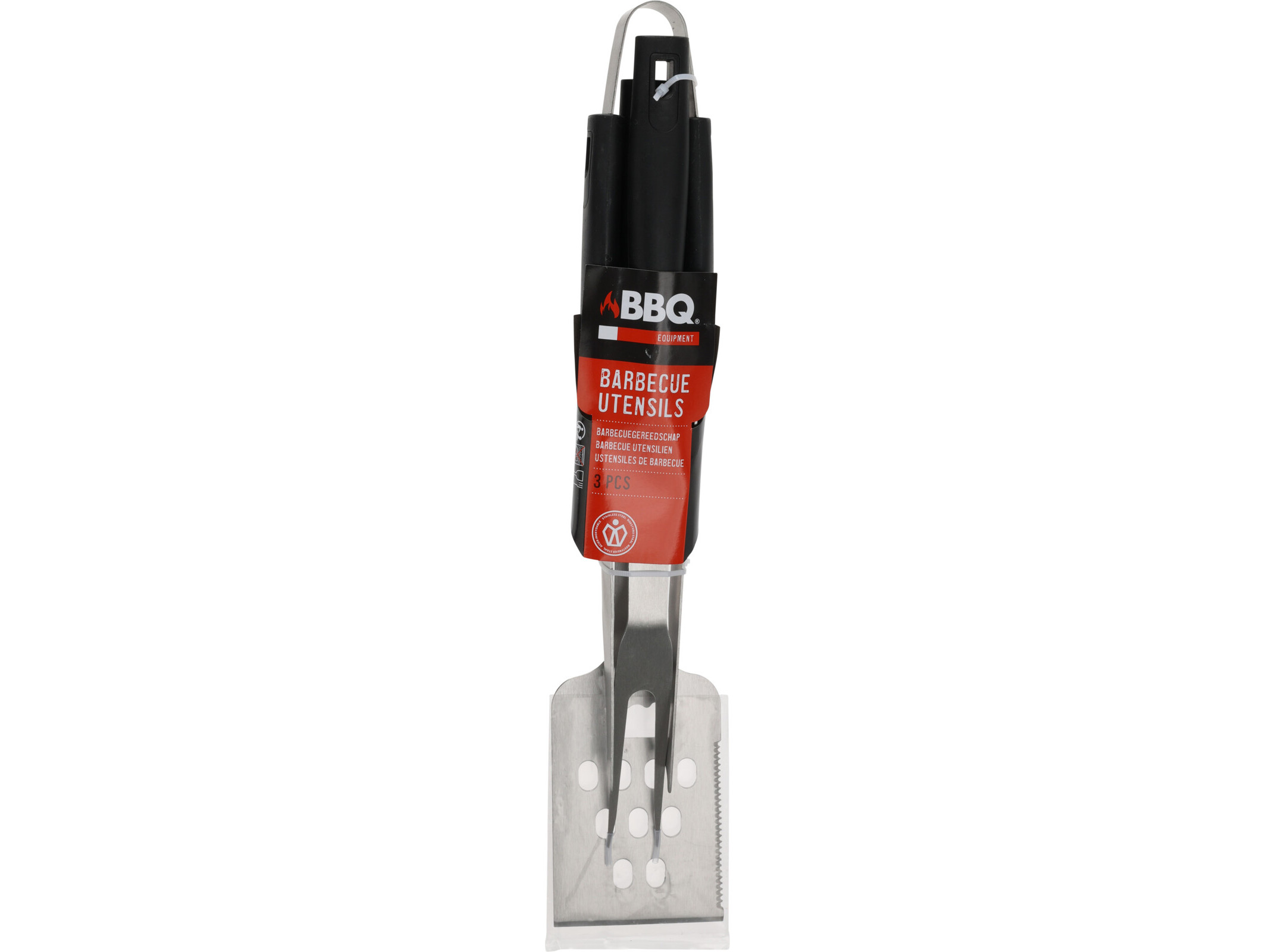 Stainless steel grill spatula with a slotted head, black comfortable handle, and a hanging loop for easy storage, featuring a red and black label from BBQ.