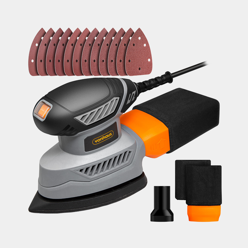 Compact black and gray palm detail sander with an orange accent, featuring a comfortable grip, multiple sanding pads, and a dust extraction attachment.