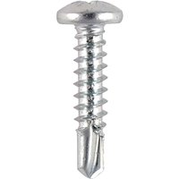Stainless steel pan head self-drill screw with pointed tip and threaded shaft by Timco.