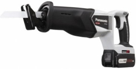 Black and white Panasonic reciprocating saw with an 18V battery compartment, featuring a prominent blade holder and ergonomic grip for easy handling.