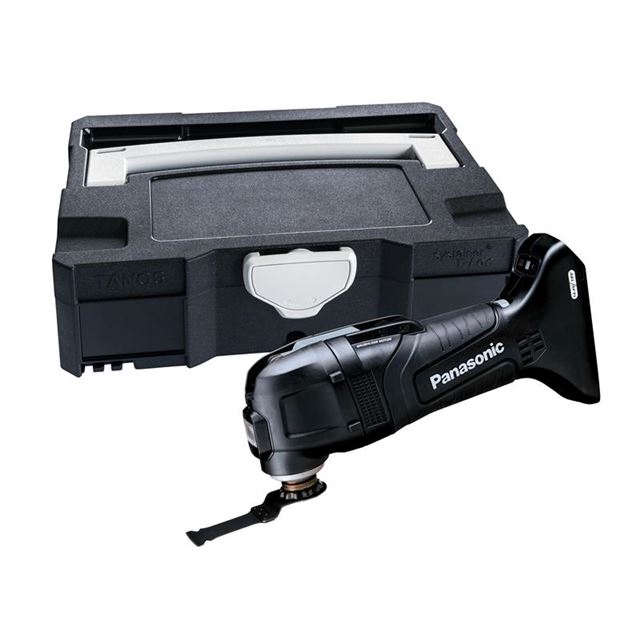 Black Panasonic EY46A5XT brushless multi-tool with a sleek design, featuring a cutting blade attachment, alongside a sturdy black Systainer case for easy storage and transport.