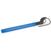 Blue-handled Park Tool Chain Whip with metal chain and black steel head for bicycle cassette removal.