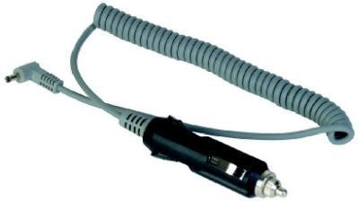 Black car charger adaptor with a coiled grey cable, featuring a standard plug and a connector for Paslode tools, designed for convenient charging on the go.