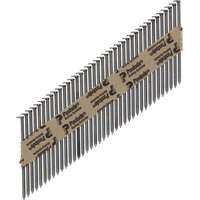 Paslode IM360CI stainless steel ring shank collated nails with brown paper strip, arranged in a linear row.