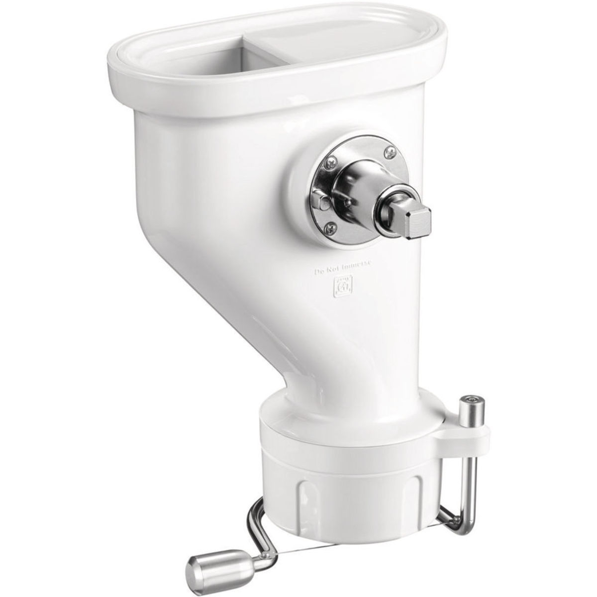 White pasta shape press attachment with a chrome metal connector and a sturdy clamp for securing to a countertop, designed for use with KitchenAid stand mixers.