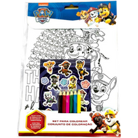 Paw Patrol colouring set with character stickers, coloring pages, and six colored pencils in a clear plastic package.