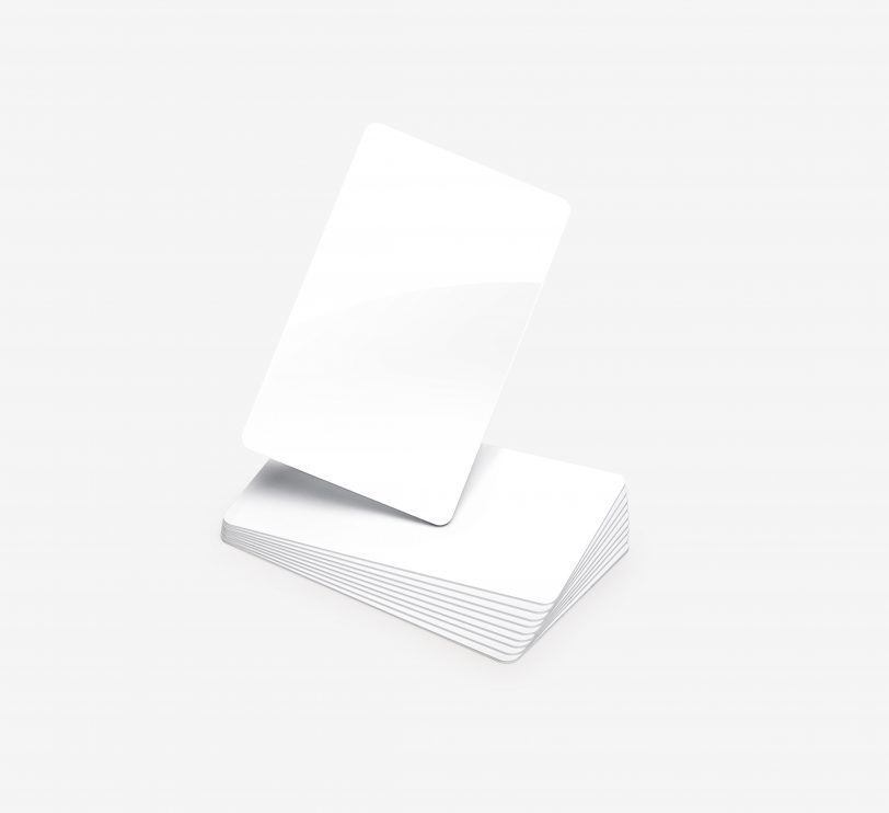 White ISO proximity cards stacked with one card slightly elevated, designed for use with Paxton Net2 systems, sold in a pack of 10, without a magnetic stripe.