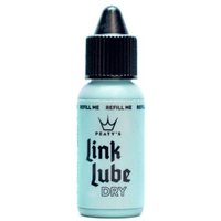 Peaty's LinkLube Dry, 15ml bottle, light blue with black cap and bold black text.
