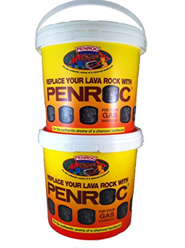 Yellow and orange plastic tub with a white handle, labeled "PENROC," containing ceramic briquettes for gas barbecues, featuring a colorful logo and text promoting replacement of lava rock.