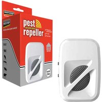 White Pest-Stop Systems pest repeller with a black speaker grille, angled design, and red packaging box.