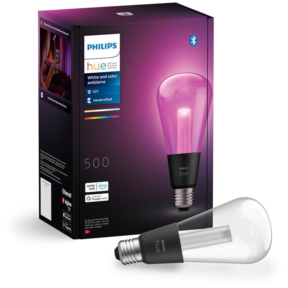 Philips Hue LED bulb with E-27 base, featuring a clear glass design, capable of 16 million colors, and Bluetooth connectivity, packaged in a colorful box.