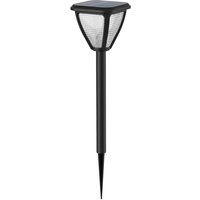 Black Philips Vapora pedestal light with solar panel top and clear textured lens on a slender stake.