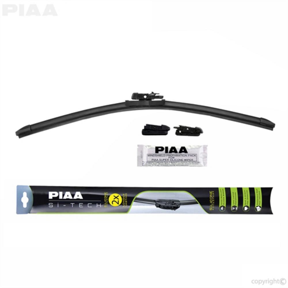 14-inch black silicone wiper blade by PIAA, featuring a sleek design, a durable material, and a packaging with green and white accents, highlighting its Si-Tech technology.