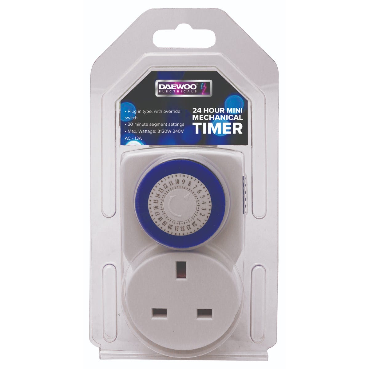 White plastic packaging containing a blue and white 24-hour mechanical mini timer with a circular dial, 30-minute segment markings, and a standard UK plug socket.