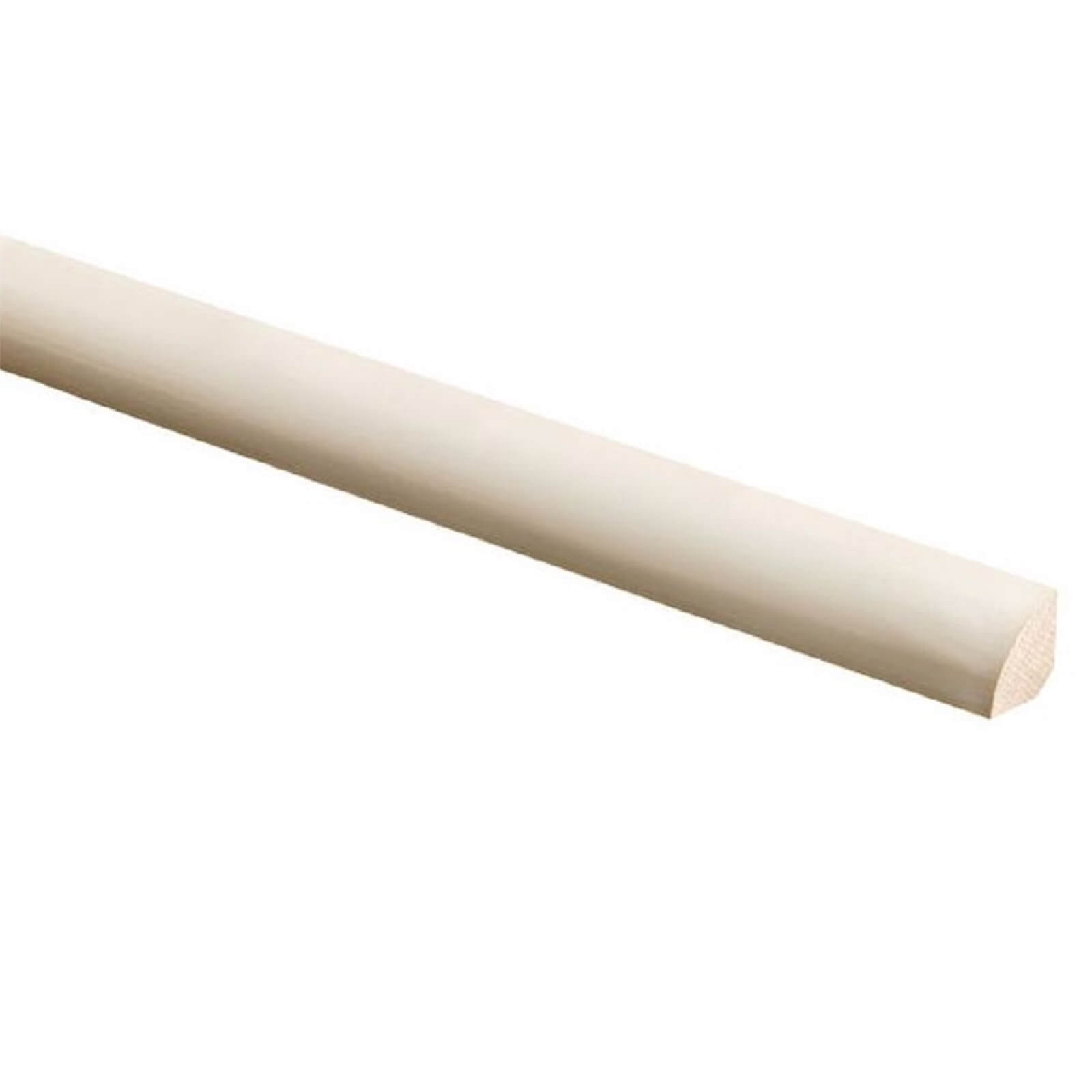 Primed pine quadrant moulding in a light cream color, measuring 2400mm long, 12mm wide, and 12mm thick, featuring a smooth, rounded edge.
