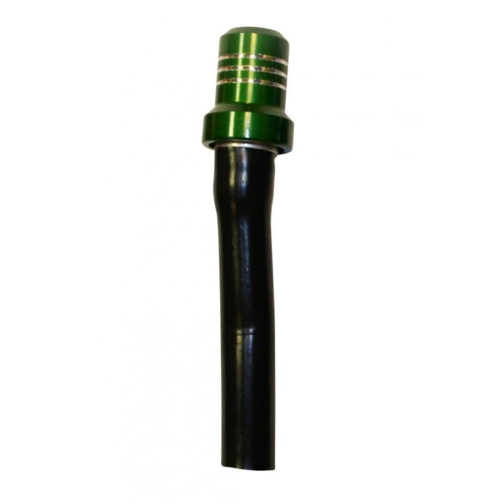 Green vented breather pipe with a metallic green cap featuring silver stripes, attached to a black flexible tube, designed for efficient airflow and engine performance.