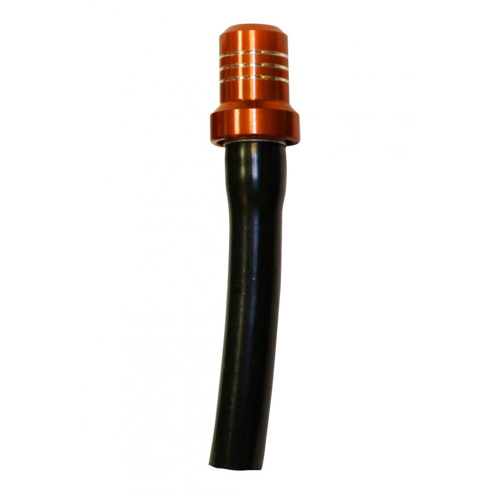 Orange aluminum vent cap with horizontal grooves attached to a flexible black rubber breather pipe, designed for efficient ventilation in motorsport applications.