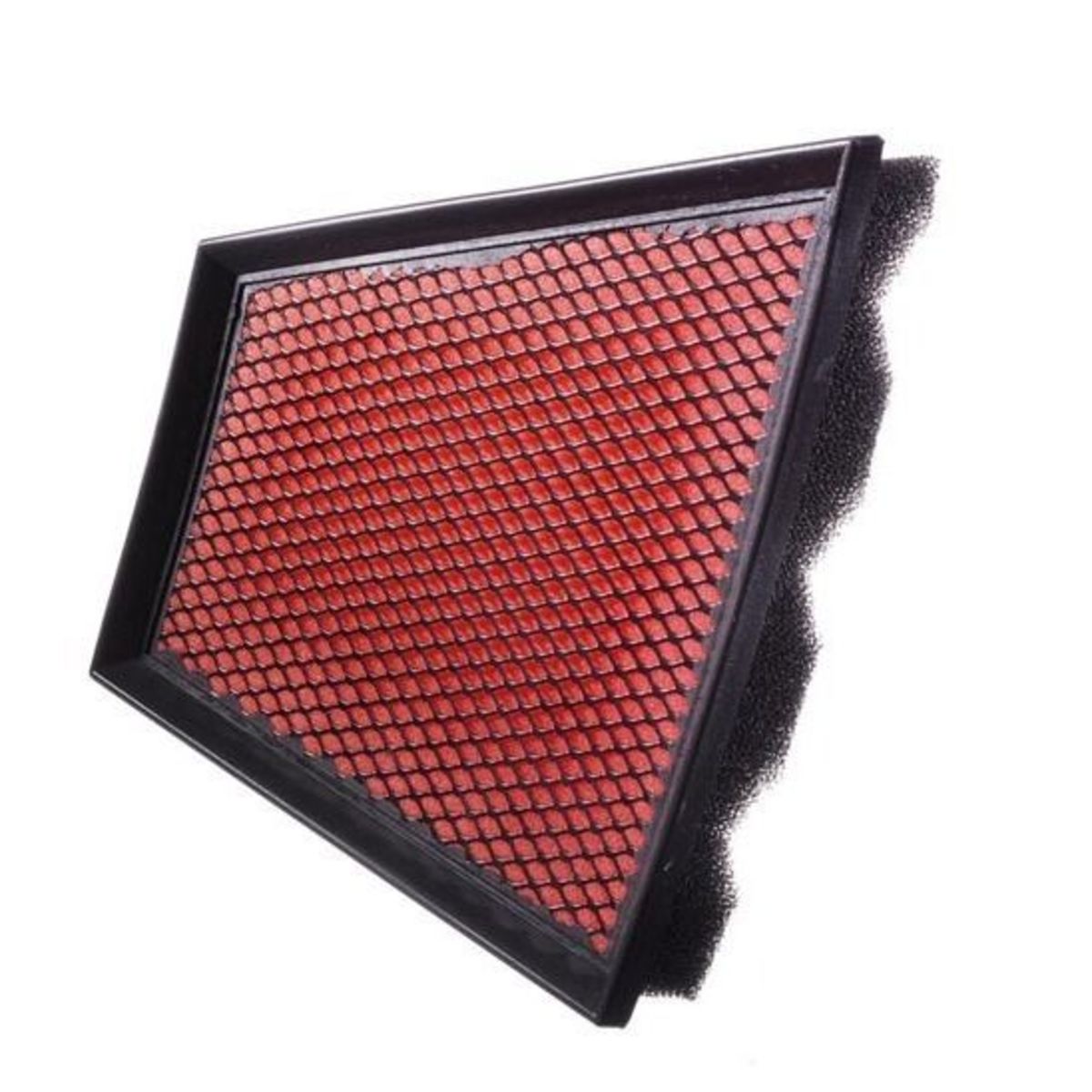 Red rectangular air filter with a textured mesh surface, framed in black rubber, measuring 200x94mm, designed for high-performance vehicle applications.