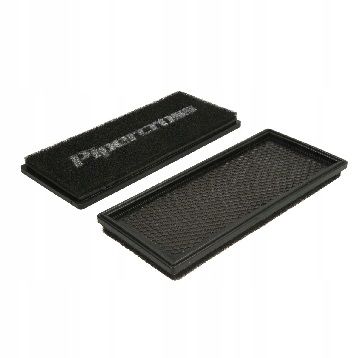 Black rectangular air filter panel with a textured surface, featuring the "Pipercross" logo in white, made from foam and rubber materials, measuring 288x129mm.