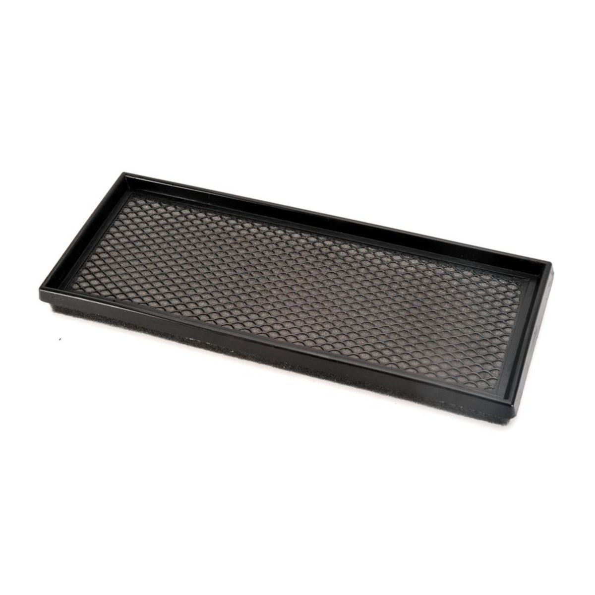 Black rectangular performance air filter element with a honeycomb mesh design, measuring 340x135mm, featuring a sturdy plastic frame for durability.