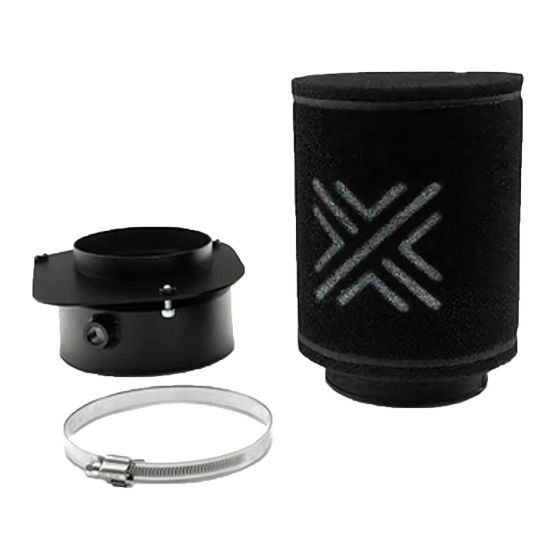 Round black foam air filter with a textured design, accompanied by a black mounting flange and a silver hose clamp, all designed for performance enhancement.