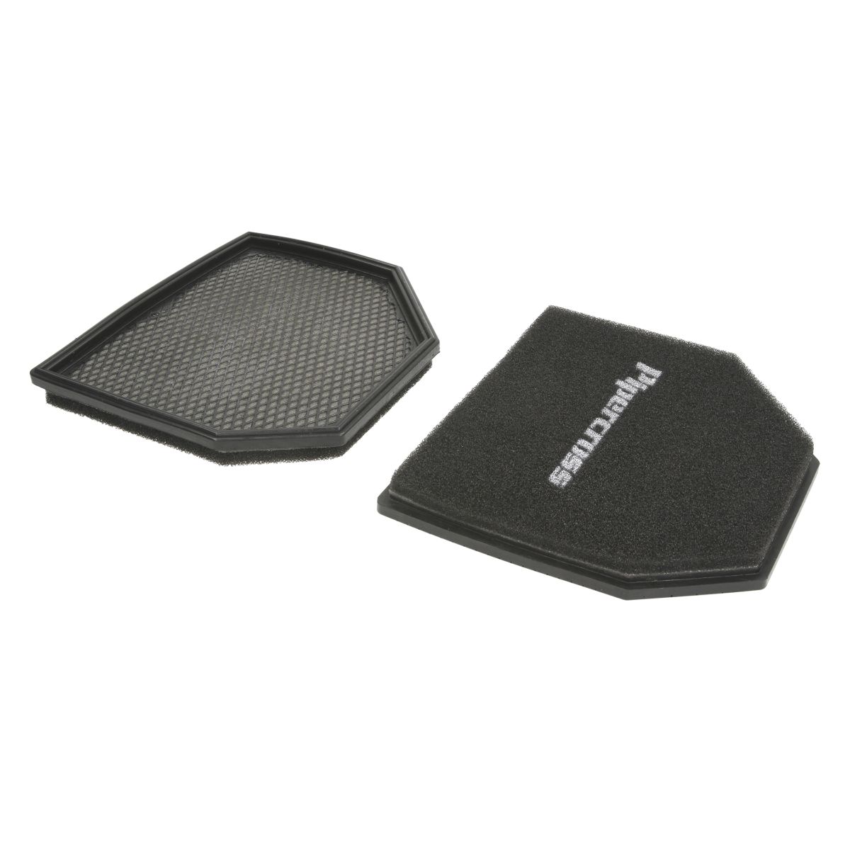 Black hexagonal air filter panel with a textured surface and Pipercross branding, measuring 237x213mm, designed for performance replacement.