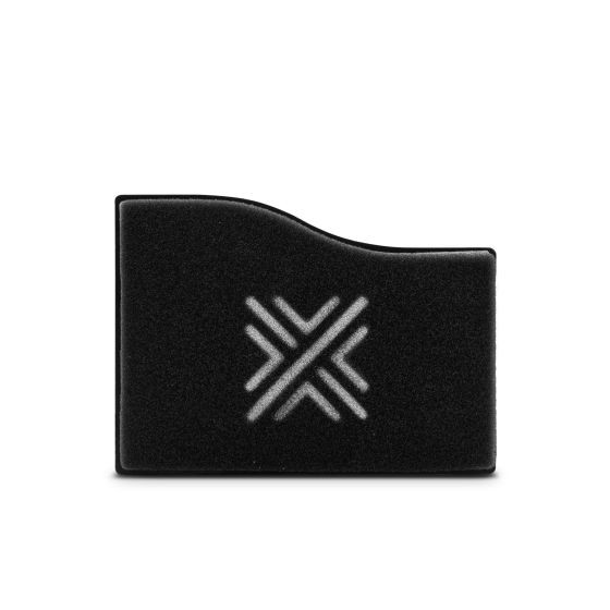 Black foam air filter panel with a unique shape, featuring a white Pipercross logo, measuring 257x186mm, designed for high-performance vehicle applications.