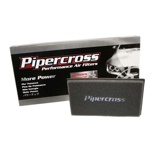 Pipercross Performance Replacement Element in a black foam material, measuring 277x188mm, displayed next to a sleek black and silver box with the brand logo and text highlighting performance benefits.