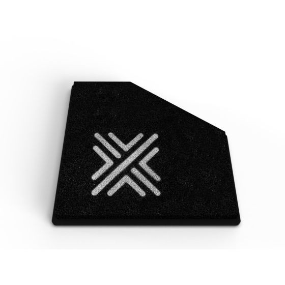Black performance air filter panel with a unique shape, featuring a textured surface and a white Pipercross logo design, measuring 282x261mm.