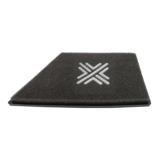 Pipercross performance air filter element in black foam with a unique panel shape, measuring 340x195mm, featuring a white logo embossed on the surface.