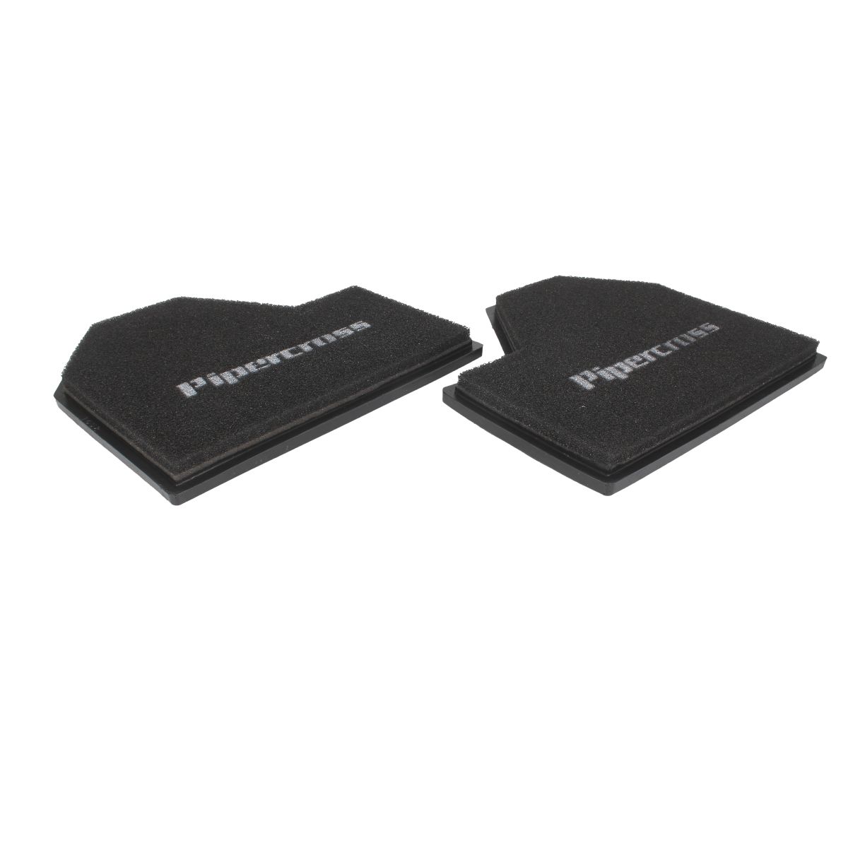 Black foam performance air filter panel pair with a unique shape, featuring the "Pipercross" logo in white, dimensions 257x232mm.
