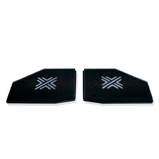 Black performance air filter panels with a unique shape, featuring a textured surface and the Pipercross logo in the center, measuring 263x215mm.