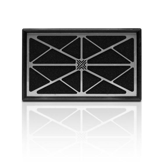 Black rectangular air filter panel with a textured surface and geometric cutouts, measuring 374x213mm, framed in a sleek black border.